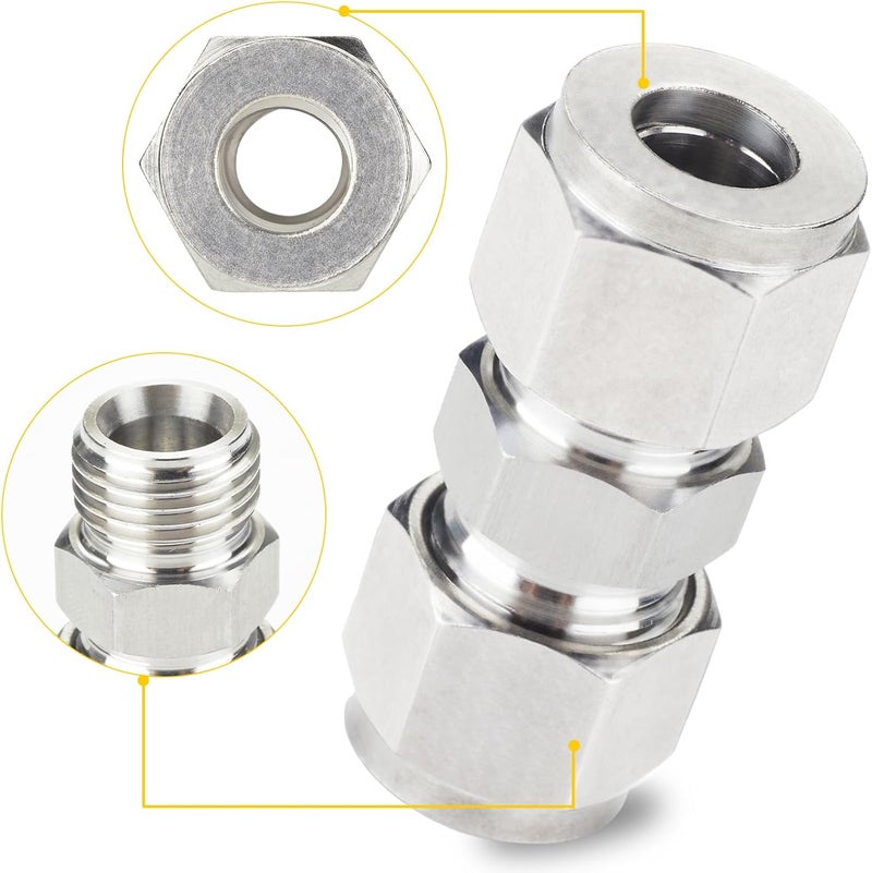 Yoebor Metalwork 304 Stainless Steel Compression Tube Fitting, Union W/Double Ferrule, 6mm Tube OD x 6mm Tube OD (2 Pcs) - Image 2